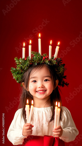 A little asian girl dressed as Saint Lucia, with a green wreath on her head, in a white dress with a red belt and holding candles in her hands. Red Christmas background. Hyper-realistic photo, high qu
