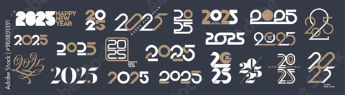 Big set of 2025 new year logo. Number of year text design. Design elements for greeting card, invitation, calendar, etc.
