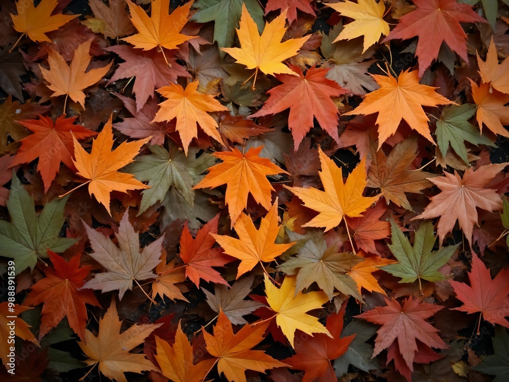 カエデ・紅葉した赤・緑・紫・オレンジの葉がボードの上に散らばって敷き詰められている Maple leaves in red, green, purple, and orange autumn colors are scattered and spread across the board カエデ・紅葉した赤・緑・紫・オレンジの葉がボードの上に散らばって敷き詰められている Maple leaves in red, green, purple, and orange autumn colors are scattered and spread across the board