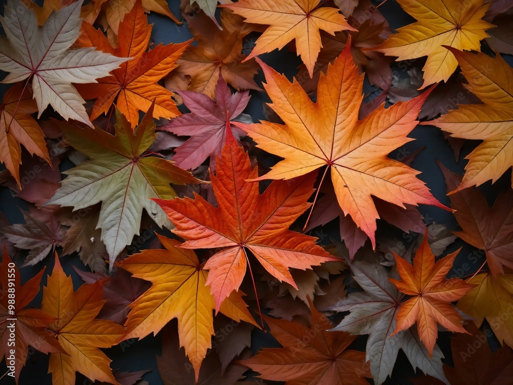 カエデ・紅葉した赤・緑・紫・オレンジの葉がボードの上に散らばって敷き詰められている Maple leaves in red, green, purple, and orange autumn colors are scattered and spread across the board カエデ・紅葉した赤・緑・紫・オレンジの葉がボードの上に散らばって敷き詰められている Maple leaves in red, green, purple, and orange autumn colors are scattered and spread across the board