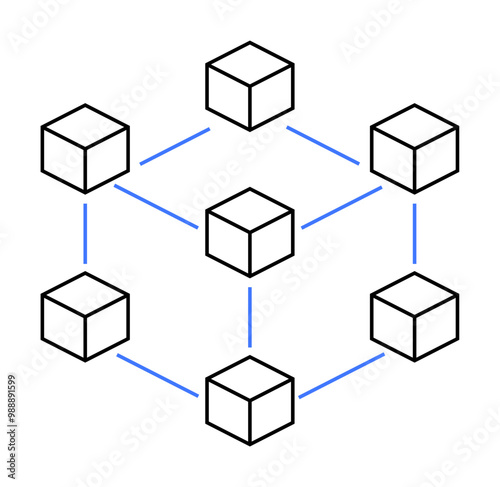 Six cubes connected by blue lines showcasing a network structure. Ideal for technology, blockchain, networks, data, digital systems. Simple vector style.