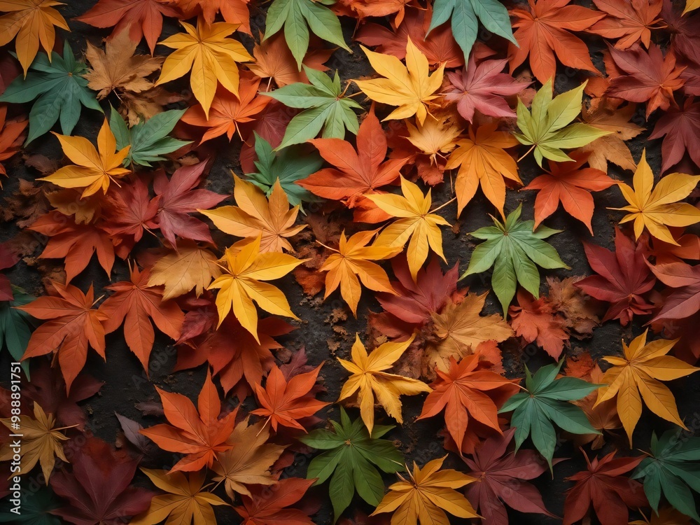 カエデ・紅葉した赤・緑・紫・オレンジの葉がボードの上に散らばって敷き詰められている Maple leaves in red, green, purple, and orange autumn colors are scattered and spread across the board カエデ・紅葉した赤・緑・紫・オレンジの葉がボードの上に散らばって敷き詰められている Maple leaves in red, green, purple, and orange autumn colors are scattered and spread across the board