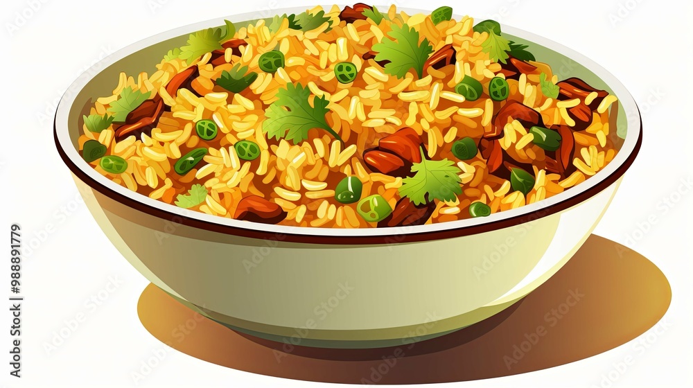 A Bowl of Yellow Rice with Green Peas and Meat A Bowl of Yellow Rice with Green Peas and Meat