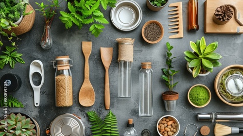 A flat lay of eco-friendly kitchenware, bathroom products, and plants on a gray background.