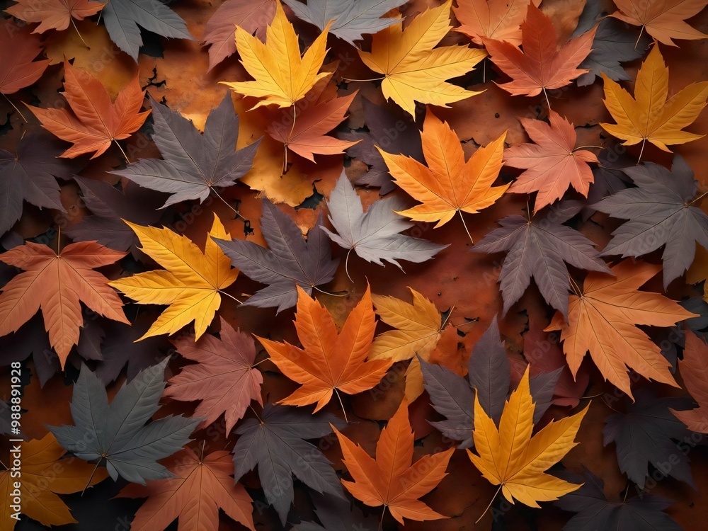 カエデ・紅葉した赤・緑・紫・オレンジの葉がボードの上に散らばって敷き詰められている Maple leaves in red, green, purple, and orange autumn colors are scattered and spread across the board カエデ・紅葉した赤・緑・紫・オレンジの葉がボードの上に散らばって敷き詰められている Maple leaves in red, green, purple, and orange autumn colors are scattered and spread across the board
