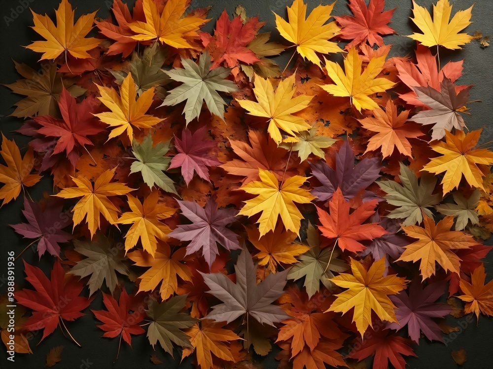 カエデ・紅葉した赤・緑・紫・オレンジの葉がボードの上に散らばって敷き詰められている Maple leaves in red, green, purple, and orange autumn colors are scattered and spread across the board カエデ・紅葉した赤・緑・紫・オレンジの葉がボードの上に散らばって敷き詰められている Maple leaves in red, green, purple, and orange autumn colors are scattered and spread across the board