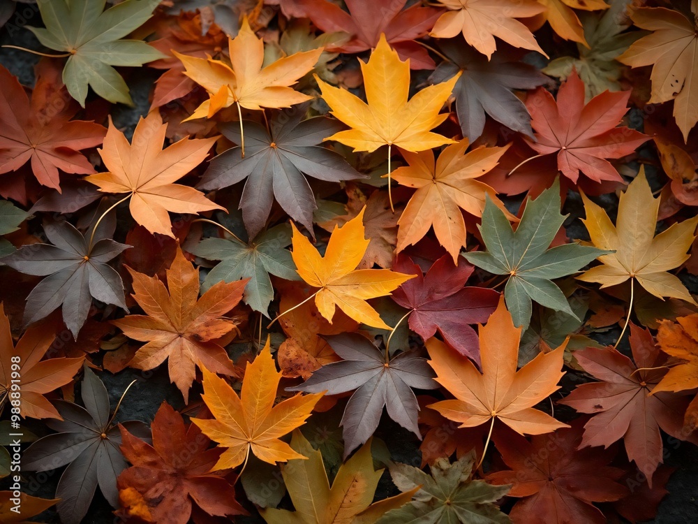 カエデ・紅葉した赤・緑・紫・オレンジの葉がボードの上に散らばって敷き詰められている Maple leaves in red, green, purple, and orange autumn colors are scattered and spread across the board カエデ・紅葉した赤・緑・紫・オレンジの葉がボードの上に散らばって敷き詰められている Maple leaves in red, green, purple, and orange autumn colors are scattered and spread across the board