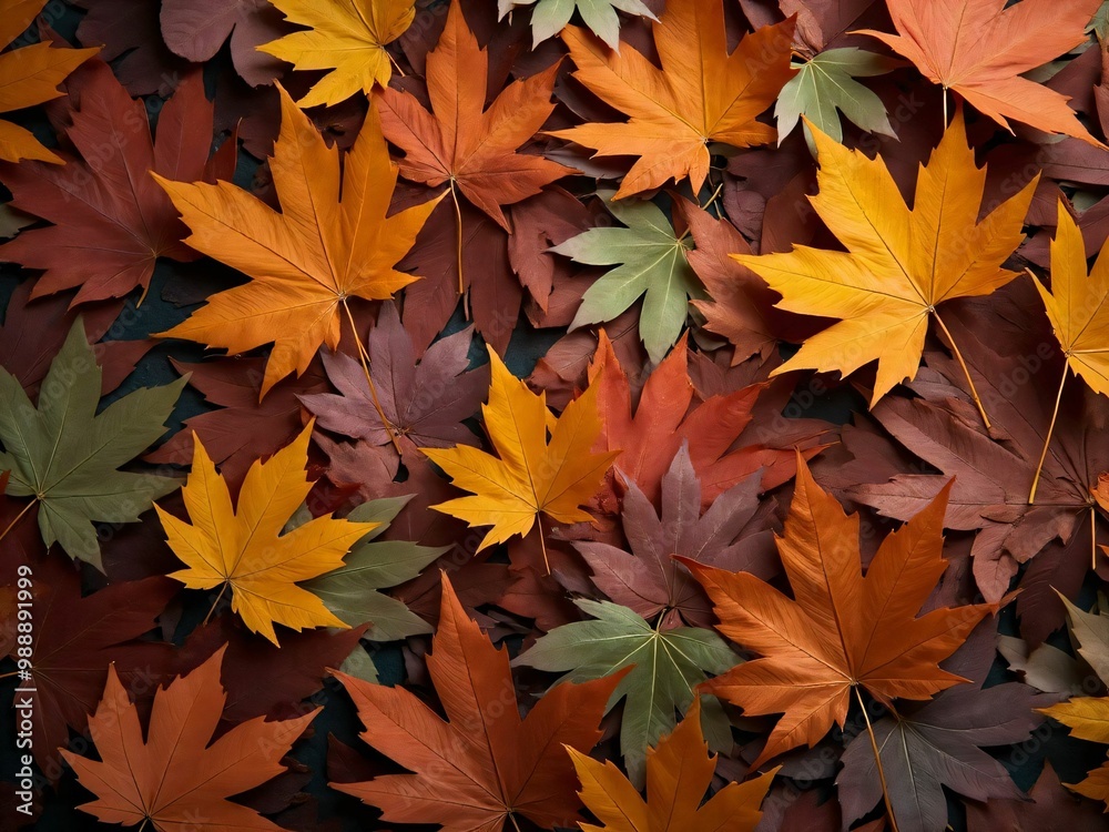 カエデ・紅葉した赤・緑・紫・オレンジの葉がボードの上に散らばって敷き詰められている Maple leaves in red, green, purple, and orange autumn colors are scattered and spread across the board カエデ・紅葉した赤・緑・紫・オレンジの葉がボードの上に散らばって敷き詰められている Maple leaves in red, green, purple, and orange autumn colors are scattered and spread across the board