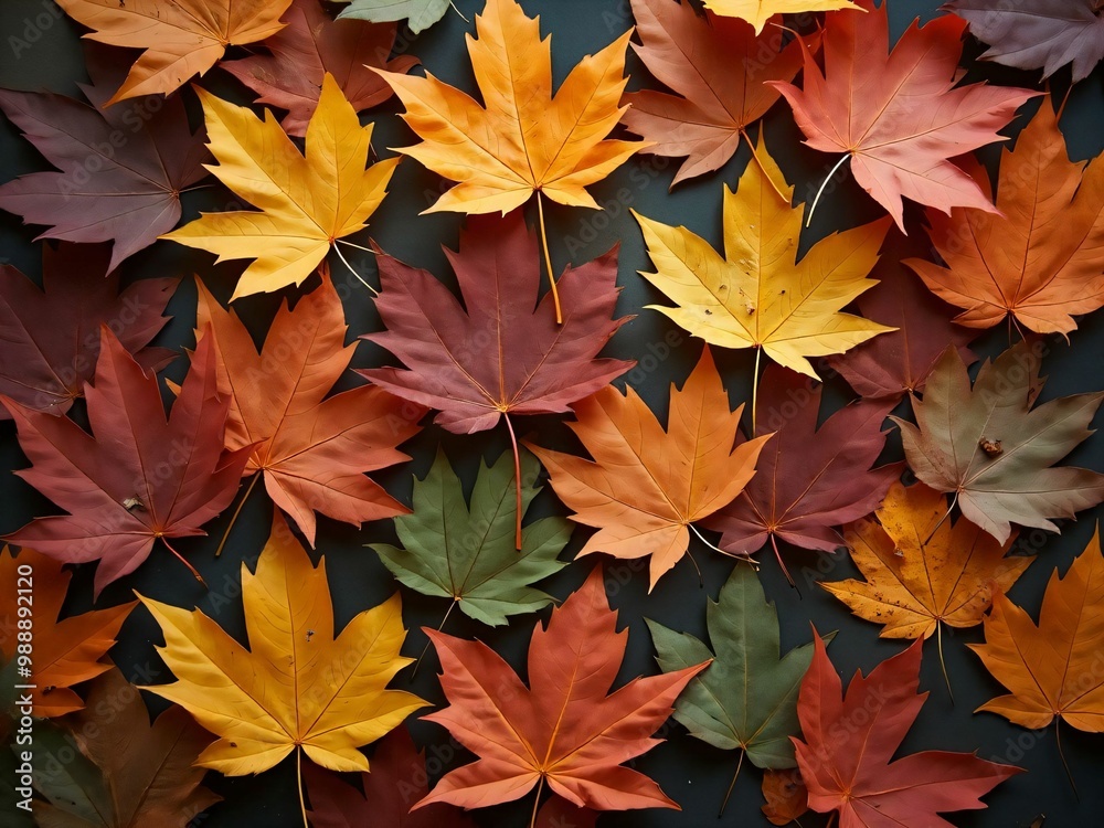 カエデ・紅葉した赤・緑・紫・オレンジの葉がボードの上に散らばって敷き詰められている Maple leaves in red, green, purple, and orange autumn colors are scattered and spread across the board カエデ・紅葉した赤・緑・紫・オレンジの葉がボードの上に散らばって敷き詰められている Maple leaves in red, green, purple, and orange autumn colors are scattered and spread across the board
