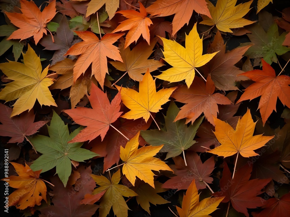 カエデ・紅葉した赤・緑・紫・オレンジの葉がボードの上に散らばって敷き詰められている Maple leaves in red, green, purple, and orange autumn colors are scattered and spread across the board カエデ・紅葉した赤・緑・紫・オレンジの葉がボードの上に散らばって敷き詰められている Maple leaves in red, green, purple, and orange autumn colors are scattered and spread across the board