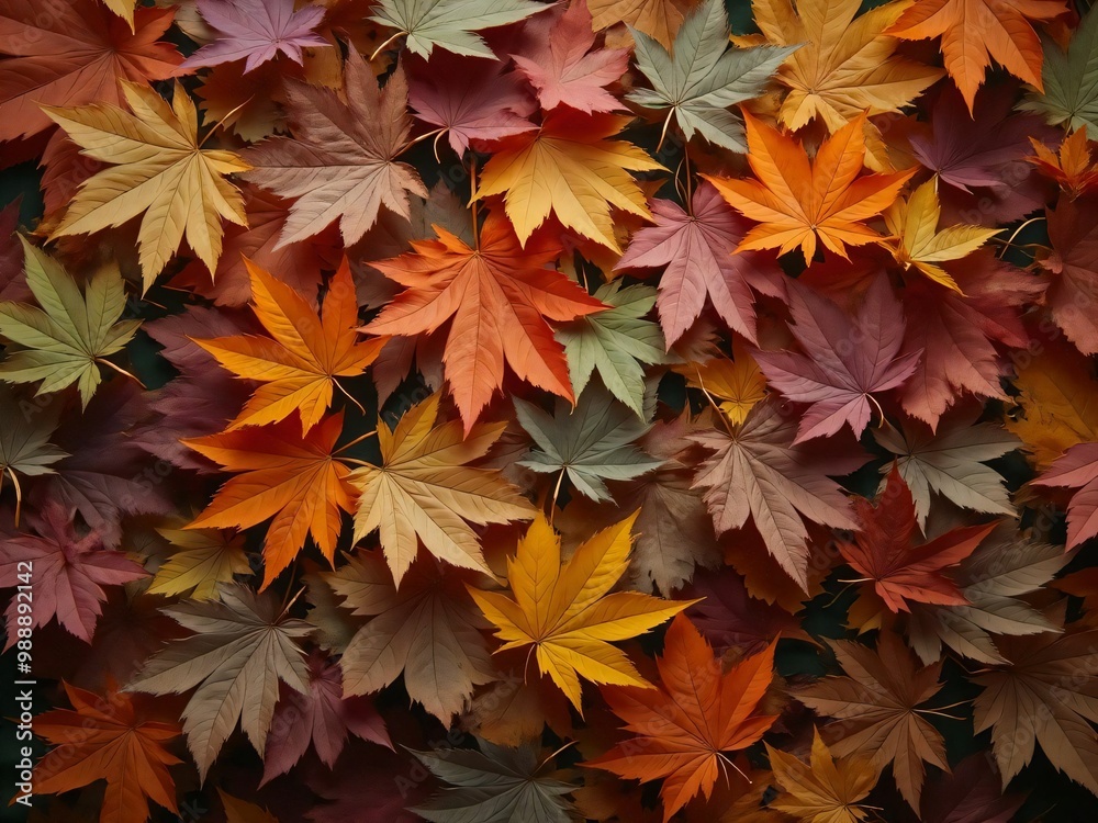 カエデ・紅葉した赤・緑・紫・オレンジの葉がボードの上に散らばって敷き詰められている Maple leaves in red, green, purple, and orange autumn colors are scattered and spread across the board カエデ・紅葉した赤・緑・紫・オレンジの葉がボードの上に散らばって敷き詰められている Maple leaves in red, green, purple, and orange autumn colors are scattered and spread across the board