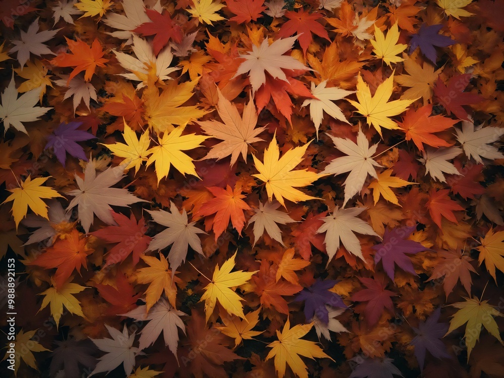 カエデ・紅葉した赤・緑・紫・オレンジの葉がボードの上に散らばって敷き詰められている Maple leaves in red, green, purple, and orange autumn colors are scattered and spread across the board カエデ・紅葉した赤・緑・紫・オレンジの葉がボードの上に散らばって敷き詰められている Maple leaves in red, green, purple, and orange autumn colors are scattered and spread across the board