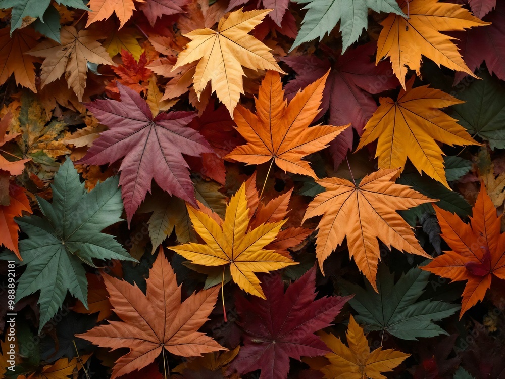 カエデ・紅葉した赤・緑・紫・オレンジの葉がボードの上に散らばって敷き詰められている Maple leaves in red, green, purple, and orange autumn colors are scattered and spread across the board カエデ・紅葉した赤・緑・紫・オレンジの葉がボードの上に散らばって敷き詰められている Maple leaves in red, green, purple, and orange autumn colors are scattered and spread across the board