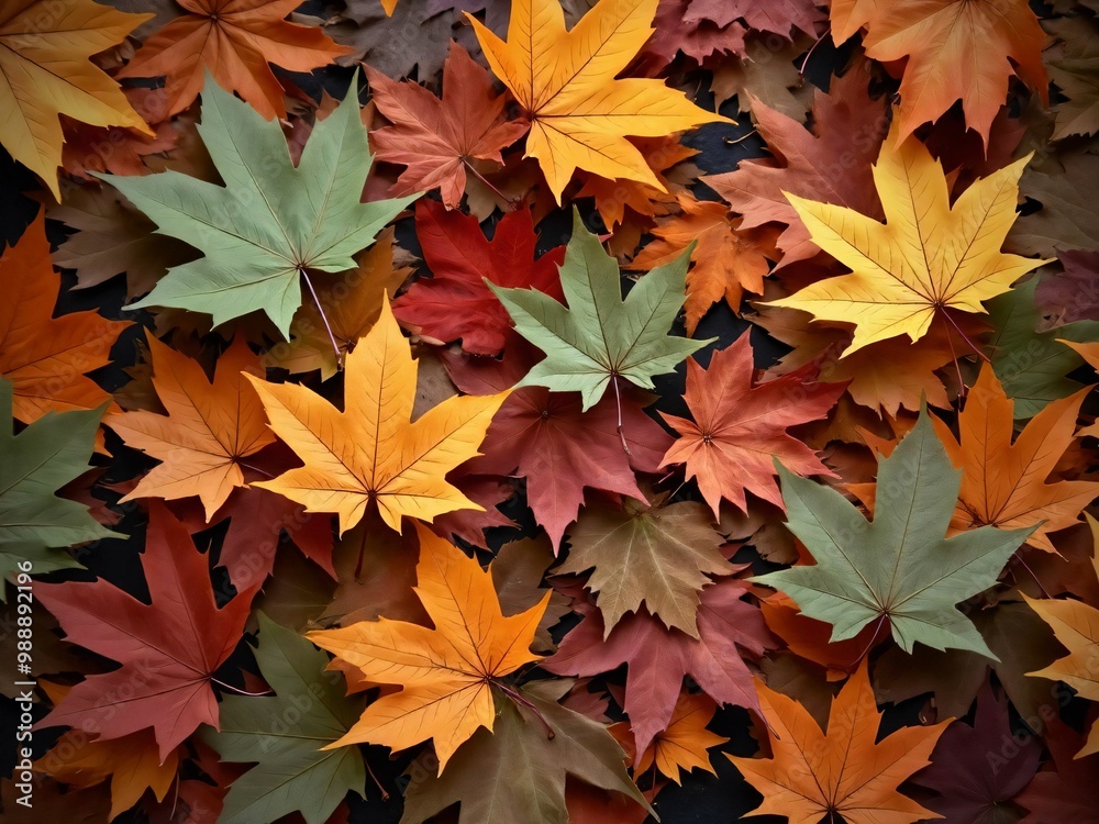 カエデ・紅葉した赤・緑・紫・オレンジの葉がボードの上に散らばって敷き詰められている Maple leaves in red, green, purple, and orange autumn colors are scattered and spread across the board カエデ・紅葉した赤・緑・紫・オレンジの葉がボードの上に散らばって敷き詰められている Maple leaves in red, green, purple, and orange autumn colors are scattered and spread across the board