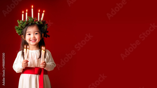 A little asian girl dressed as Saint Lucia, with a green wreath on her head, in a white dress with a red belt and holding candles in her hands. Red Christmas background. Hyper-realistic photo, high qu