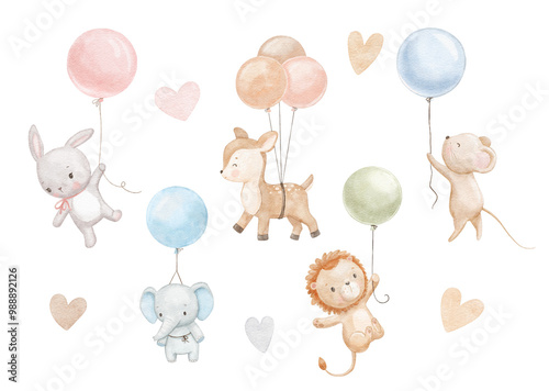 Cute baby mouse, bunny and elephant with blue and pink balloon. Watercolor animal isolated hand drawn illustration