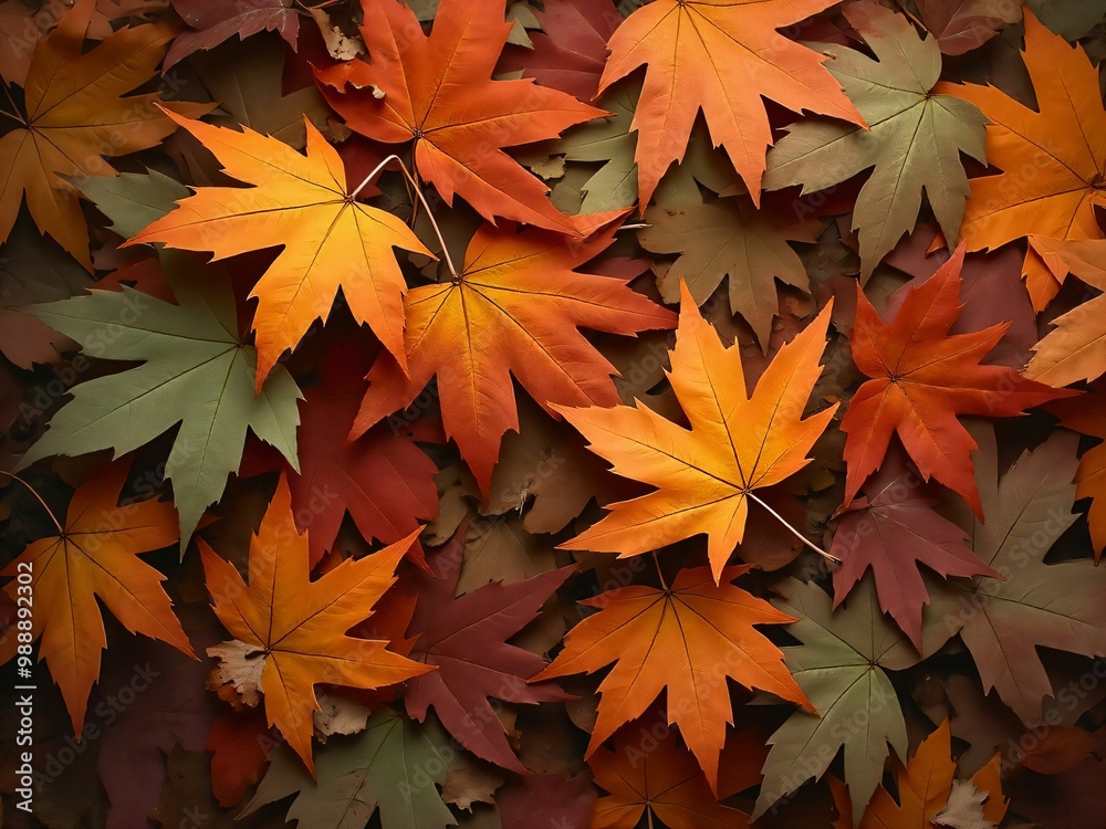 カエデ・紅葉した赤・緑・紫・オレンジの葉がボードの上に散らばって敷き詰められている Maple leaves in red, green, purple, and orange autumn colors are scattered and spread across the board カエデ・紅葉した赤・緑・紫・オレンジの葉がボードの上に散らばって敷き詰められている Maple leaves in red, green, purple, and orange autumn colors are scattered and spread across the board