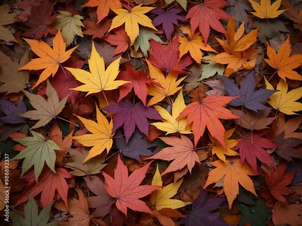 カエデ・紅葉した赤・緑・紫・オレンジの葉がボードの上に散らばって敷き詰められている Maple leaves in red, green, purple, and orange autumn colors are scattered and spread across the board カエデ・紅葉した赤・緑・紫・オレンジの葉がボードの上に散らばって敷き詰められている Maple leaves in red, green, purple, and orange autumn colors are scattered and spread across the board
