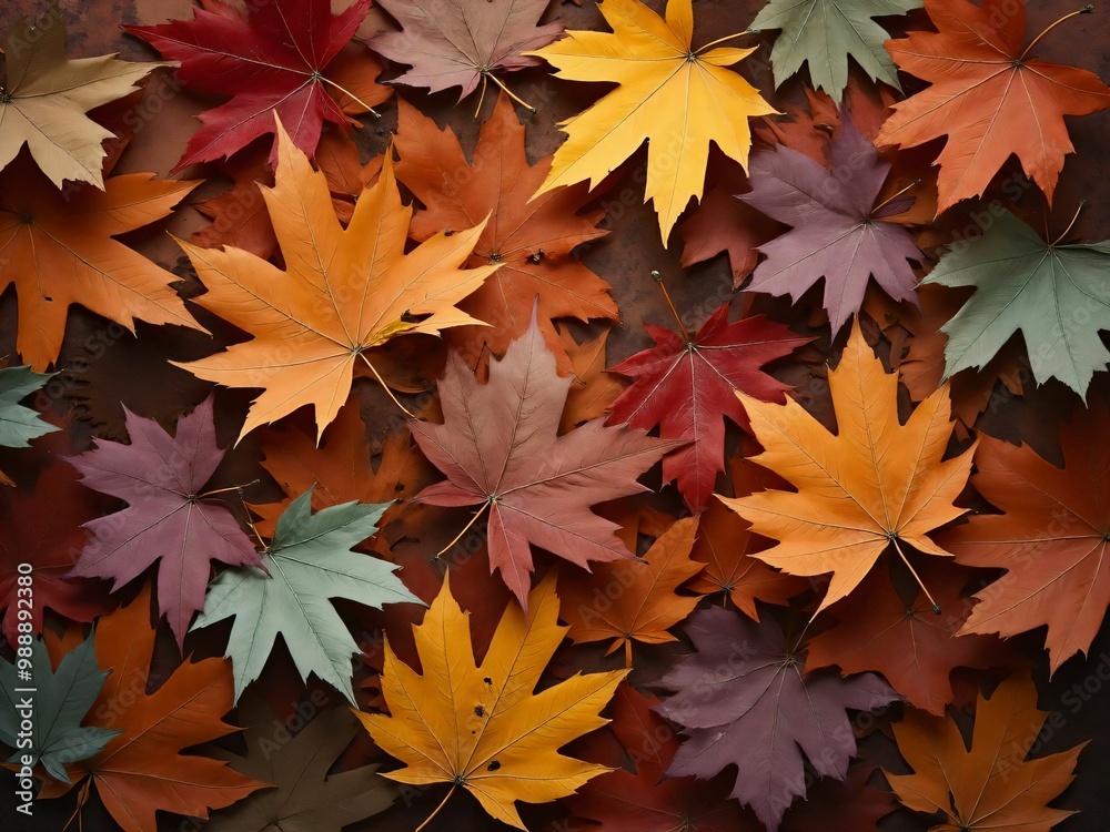 カエデ・紅葉した赤・緑・紫・オレンジの葉がボードの上に散らばって敷き詰められている Maple leaves in red, green, purple, and orange autumn colors are scattered and spread across the board
カエデ・紅葉した赤・緑・紫・オレンジの葉がボードの上に散らばって敷き詰められている Maple leaves in red, green, purple, and orange autumn colors are scattered and spread across the board