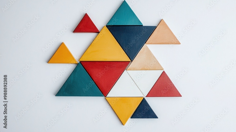 Colorful geometric shapes creatively arranged on a white background, perfect for modern art and interior design themes.
