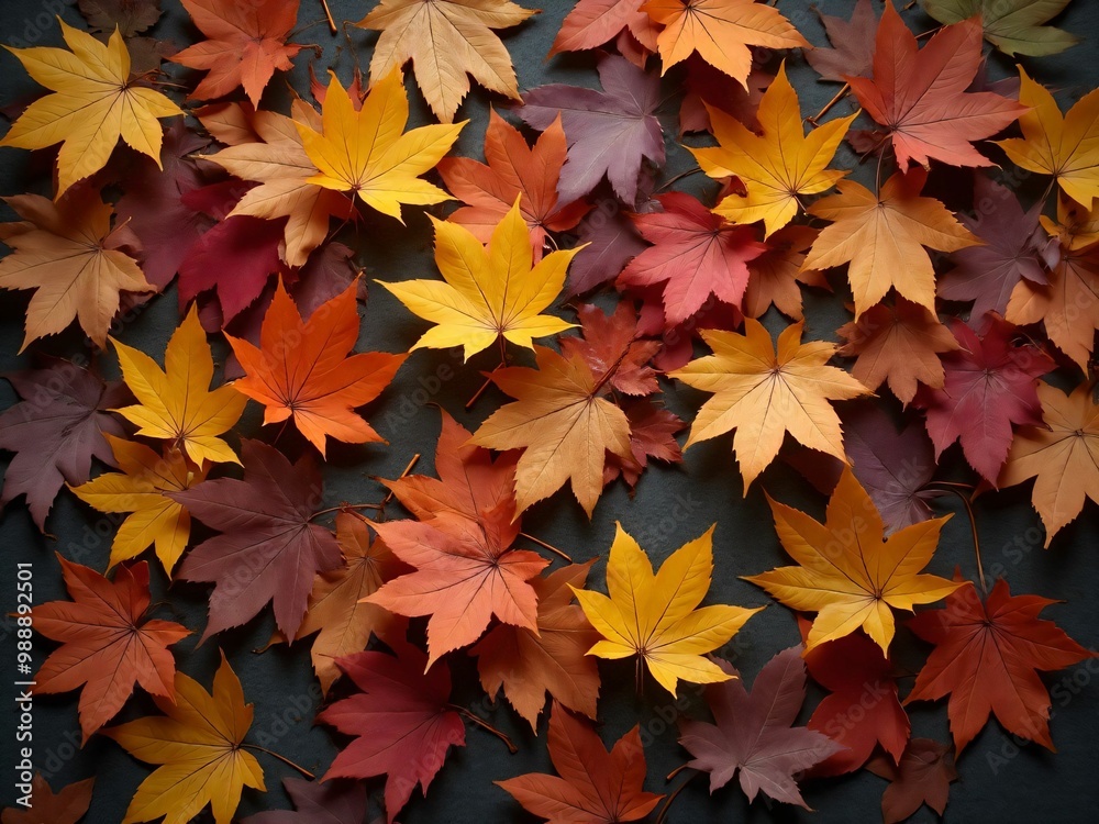 カエデ・紅葉した赤・緑・紫・オレンジの葉がボードの上に散らばって敷き詰められている Maple leaves in red, green, purple, and orange autumn colors are scattered and spread across the board カエデ・紅葉した赤・緑・紫・オレンジの葉がボードの上に散らばって敷き詰められている Maple leaves in red, green, purple, and orange autumn colors are scattered and spread across the board