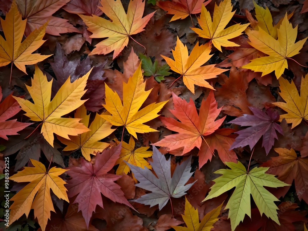 カエデ・紅葉した赤・緑・紫・オレンジの葉がボードの上に散らばって敷き詰められている Maple leaves in red, green, purple, and orange autumn colors are scattered and spread across the board カエデ・紅葉した赤・緑・紫・オレンジの葉がボードの上に散らばって敷き詰められている Maple leaves in red, green, purple, and orange autumn colors are scattered and spread across the board