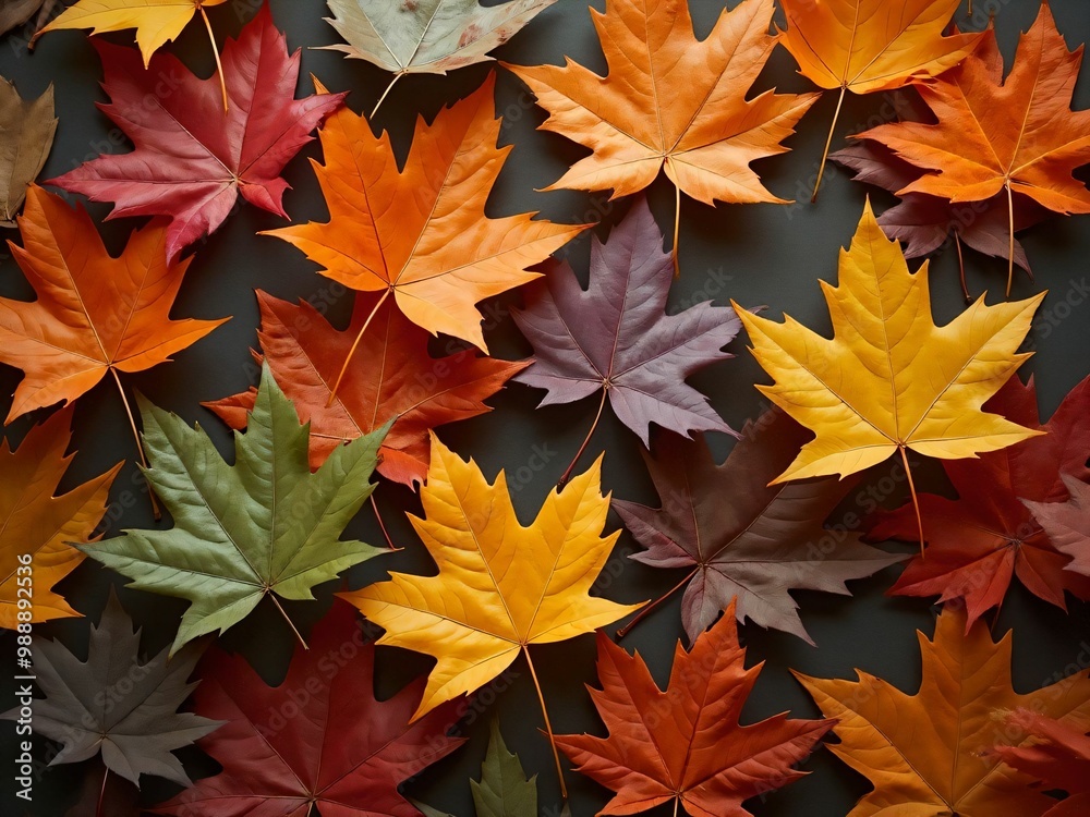 カエデ・紅葉した赤・緑・紫・オレンジの葉がボードの上に散らばって敷き詰められている Maple leaves in red, green, purple, and orange autumn colors are scattered and spread across the board カエデ・紅葉した赤・緑・紫・オレンジの葉がボードの上に散らばって敷き詰められている Maple leaves in red, green, purple, and orange autumn colors are scattered and spread across the board