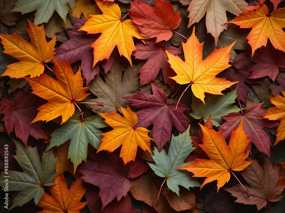 カエデ・紅葉した赤・緑・紫・オレンジの葉がボードの上に散らばって敷き詰められている Maple leaves in red, green, purple, and orange autumn colors are scattered and spread across the board
カエデ・紅葉した赤・緑・紫・オレンジの葉がボードの上に散らばって敷き詰められている Maple leaves in red, green, purple, and orange autumn colors are scattered and spread across the board