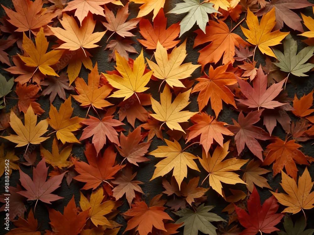 カエデ・紅葉した赤・緑・紫・オレンジの葉がボードの上に散らばって敷き詰められている Maple leaves in red, green, purple, and orange autumn colors are scattered and spread across the board
カエデ・紅葉した赤・緑・紫・オレンジの葉がボードの上に散らばって敷き詰められている Maple leaves in red, green, purple, and orange autumn colors are scattered and spread across the board