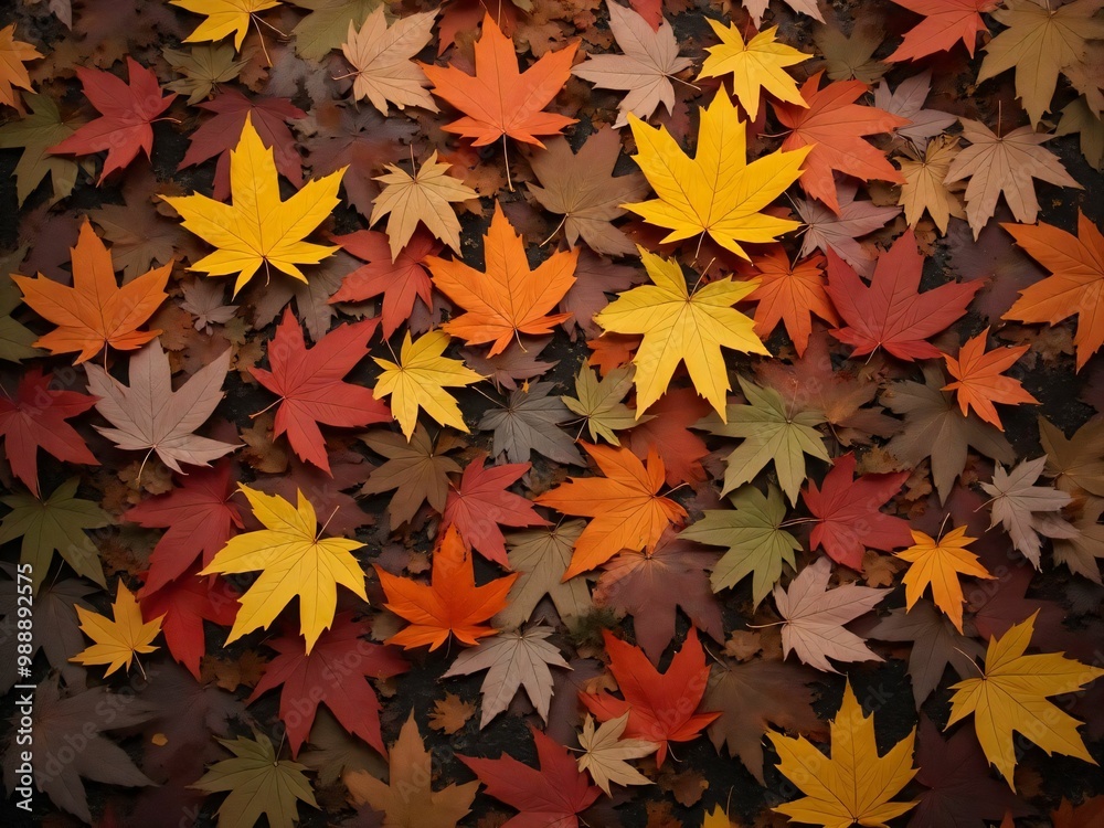 カエデ・紅葉した赤・緑・紫・オレンジの葉がボードの上に散らばって敷き詰められている Maple leaves in red, green, purple, and orange autumn colors are scattered and spread across the board
カエデ・紅葉した赤・緑・紫・オレンジの葉がボードの上に散らばって敷き詰められている Maple leaves in red, green, purple, and orange autumn colors are scattered and spread across the board