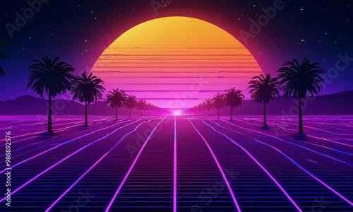 A glowing synthwave sunset scenery with neon pink and purple skies, a grid-patterned ground stretching to the horizon, palm trees
