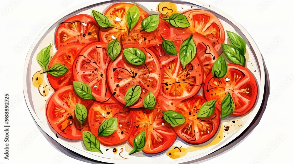 A Plate of Sliced Tomatoes with Fresh Basil and Seasoning A Plate of Sliced Tomatoes with Fresh Basil and Seasoning