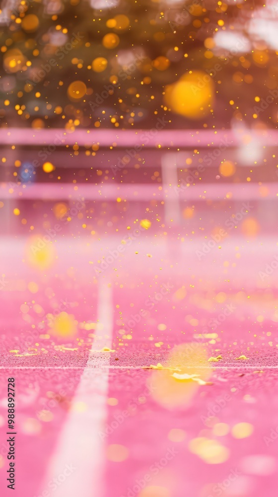 Close-up of pink volleyball court, defocused yellow particles, sharp HD capture