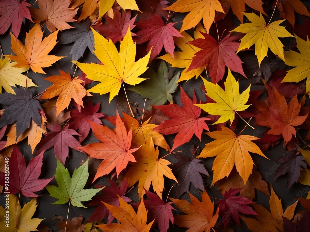 カエデ・紅葉した赤・緑・紫・オレンジの葉がボードの上に散らばって敷き詰められている Maple leaves in red, green, purple, and orange autumn colors are scattered and spread across the board カエデ・紅葉した赤・緑・紫・オレンジの葉がボードの上に散らばって敷き詰められている Maple leaves in red, green, purple, and orange autumn colors are scattered and spread across the board