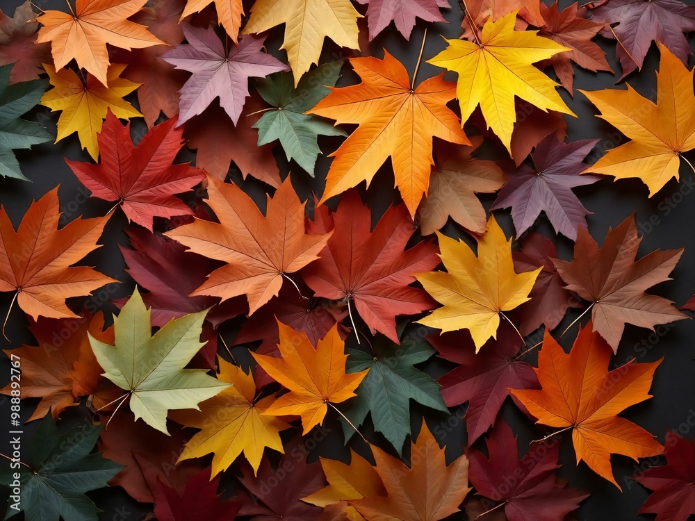 カエデ・紅葉した赤・緑・紫・オレンジの葉がボードの上に散らばって敷き詰められている Maple leaves in red, green, purple, and orange autumn colors are scattered and spread across the board カエデ・紅葉した赤・緑・紫・オレンジの葉がボードの上に散らばって敷き詰められている Maple leaves in red, green, purple, and orange autumn colors are scattered and spread across the board