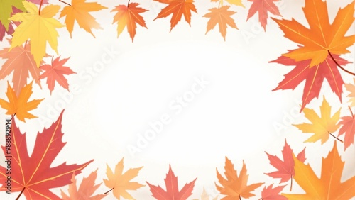 カエデ・紅葉した赤・緑・紫・オレンジの葉が白い背景の上に散らばって敷き詰められている水彩画風の手書き風のイラスト　A hand-drawn watercolor-style illustration of maple leaves in red, green, purple, and orange autumn colors scattered and spread across a white 