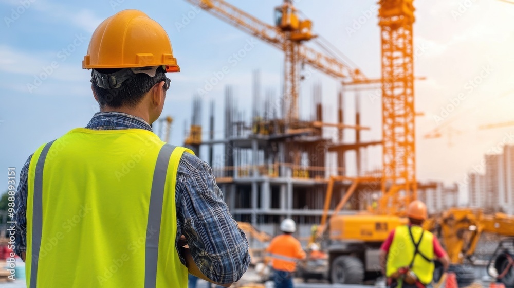 Construction Worker Overseeing Building Site Progress Construction Worker Overseeing Building Site Progress