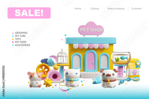 Online pet store template - 3D cartoon vector banner for buying and selling online.