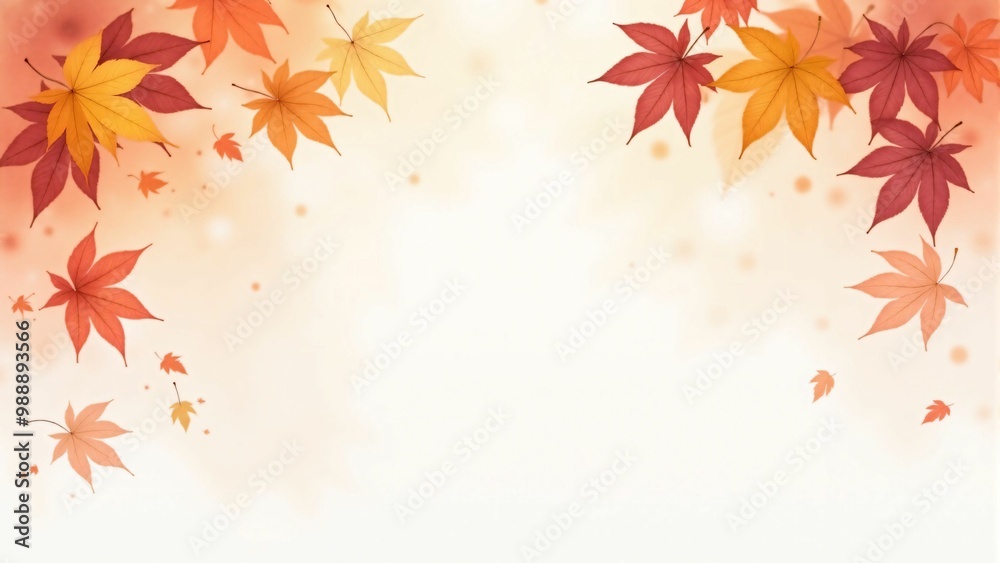 Fototapeta premium カエデ・紅葉した赤・緑・紫・オレンジの葉が白い背景の上に散らばって敷き詰められている水彩画風の手書き風のイラスト A hand-drawn watercolor-style illustration of maple leaves in red, green, purple, and orange autumn colors scattered and spread across a white 