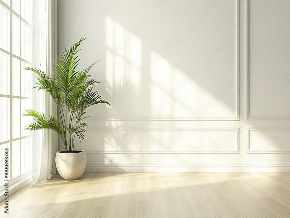 A white room with a large window and a potted plant. The room is empty and has a lot of natural light A white room with a large window and a potted plant. The room is empty and has a lot of natural light