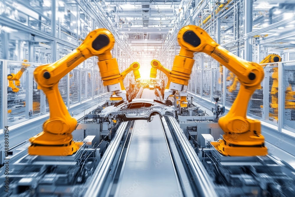 Photograph of multiple yellow robotic arms working on an electric vehicle production line in a factory, with a high-tech and futuristic atmosphere. The image is high resolution. Generative AI Photograph of multiple yellow robotic arms working on an electric vehicle production line in a factory, with a high-tech and futuristic atmosphere. The image is high resolution. Generative AI
