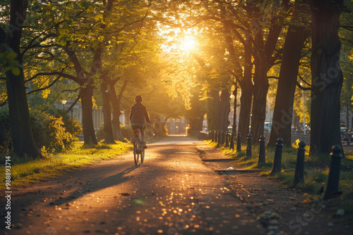 A person riding a bicycle through a city park at sunset, with golden light filtering through the trees