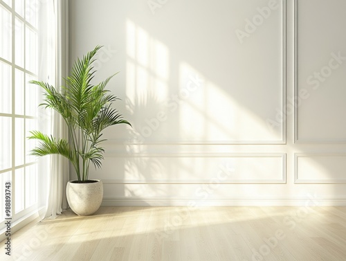 A white room with a large window and a potted plant. The room is empty and has a lot of natural light