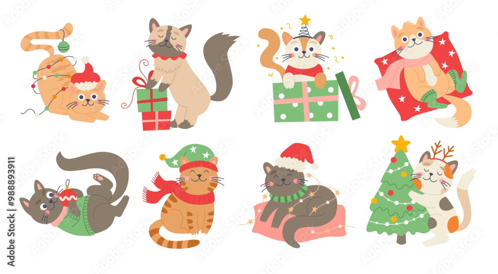 Fototapeta premium Christmas cats set. Cute funny feline characters for Christmas designs. Vector illustration in flat style