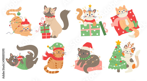 Christmas cats set. Cute funny feline characters for Christmas designs. Vector illustration in flat style