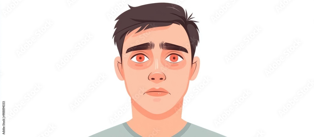 Man exhibiting eye redness in a flat design style against a white background Concept of sore eyes