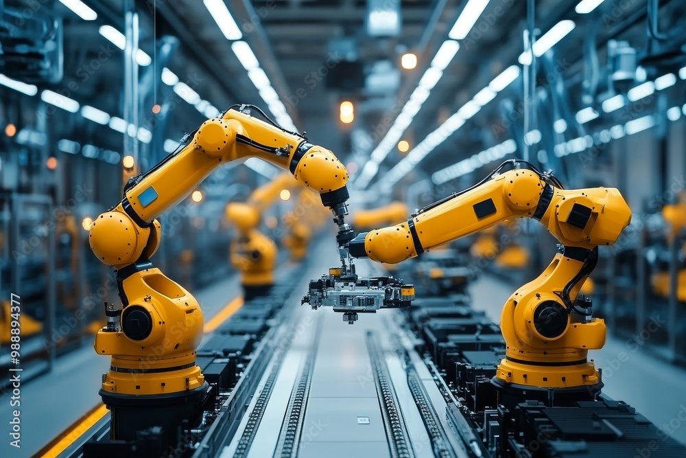 Photograph of multiple yellow robotic arms working on an electric vehicle production line in a factory, with a high-tech and futuristic atmosphere. The image is high resolution. Generative AI Photograph of multiple yellow robotic arms working on an electric vehicle production line in a factory, with a high-tech and futuristic atmosphere. The image is high resolution. Generative AI