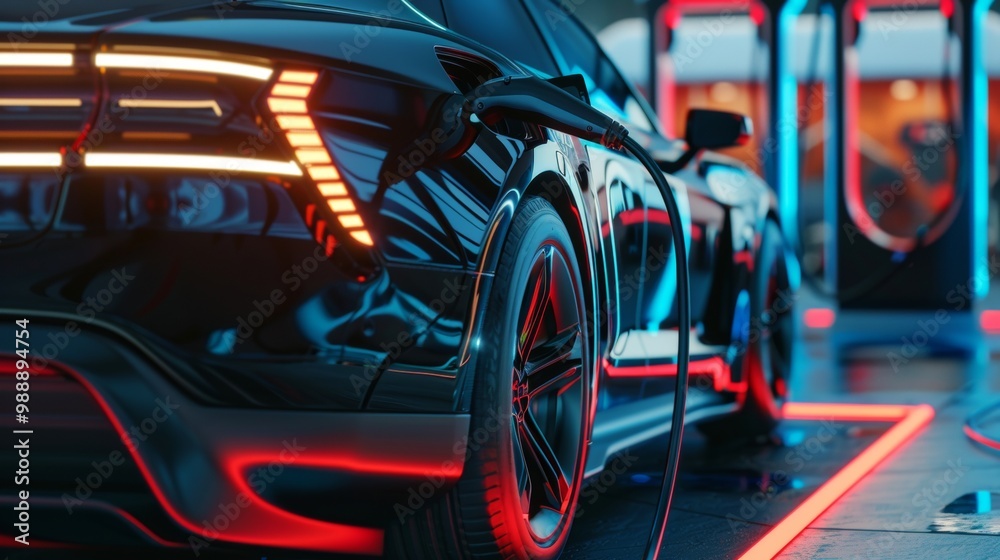 Fototapeta premium Closeup Electric car at futuristic charging station. Selected focusing. Eco alternative transport and battery charging technology concept. Photorealistic 3D rendering