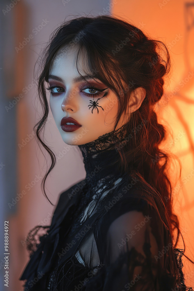 A young, beautiful woman dressed in a chic Halloween costume with dramatic makeup and accessories A young, beautiful woman dressed in a chic Halloween costume with dramatic makeup and accessories