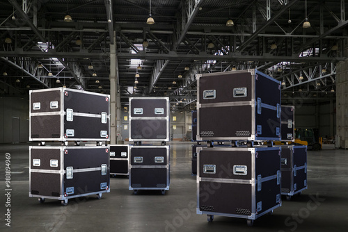 Flightcase on wheels. Concert equipment in containers for transportation. ATA trunks in hangar. Flightcase with apparatus for concerts. PLY flightcase to protect expensive equipment. 3d image